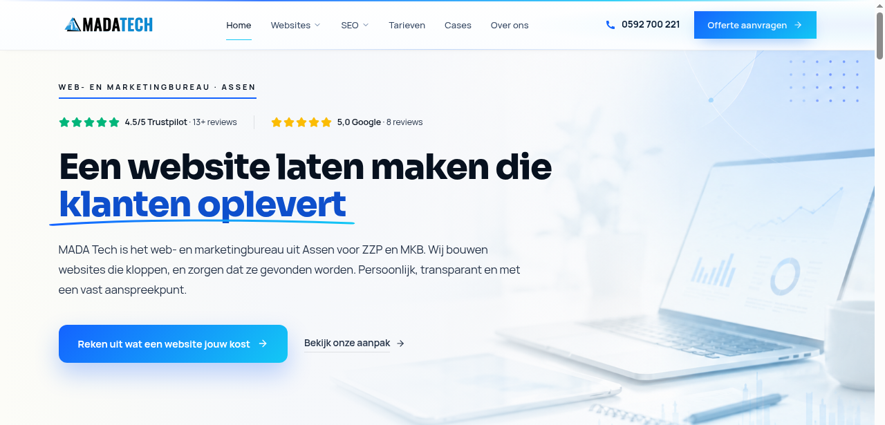 MADA Tech homepage op een laptop