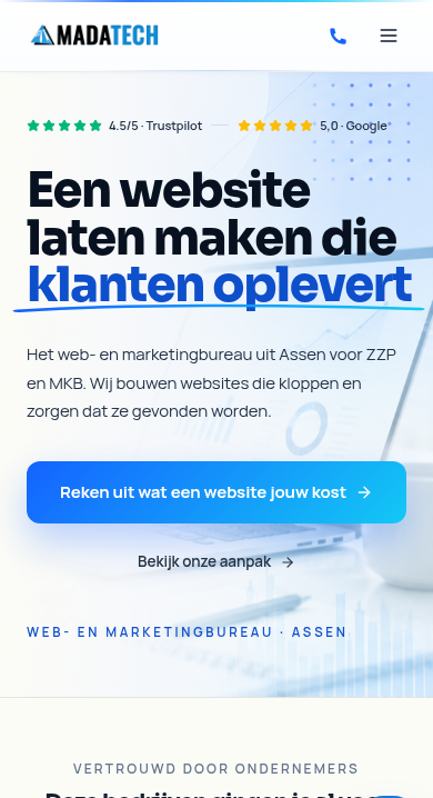 MADA Tech homepage op een telefoon