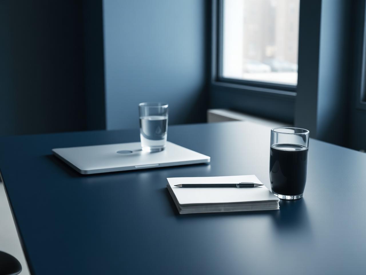 Rustig bureau met laptop en notitieblok bij daglicht