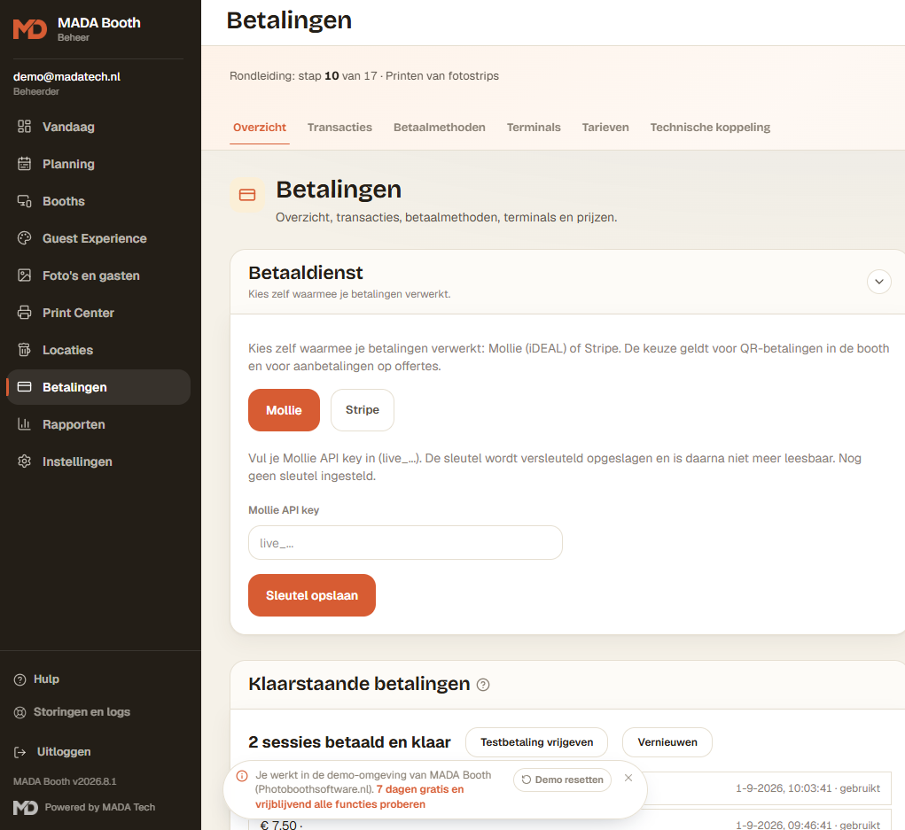 Betalingen in MADA Booth met keuze tussen Mollie en Stripe en klaarstaande betalingen