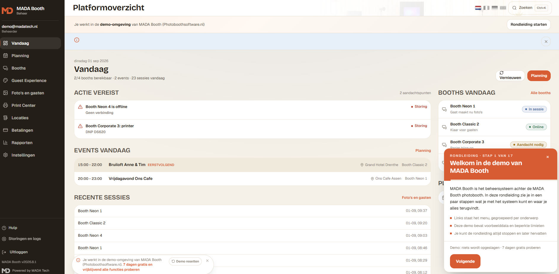 Dashboard van MADA Booth met acties, events van vandaag en boothstatus