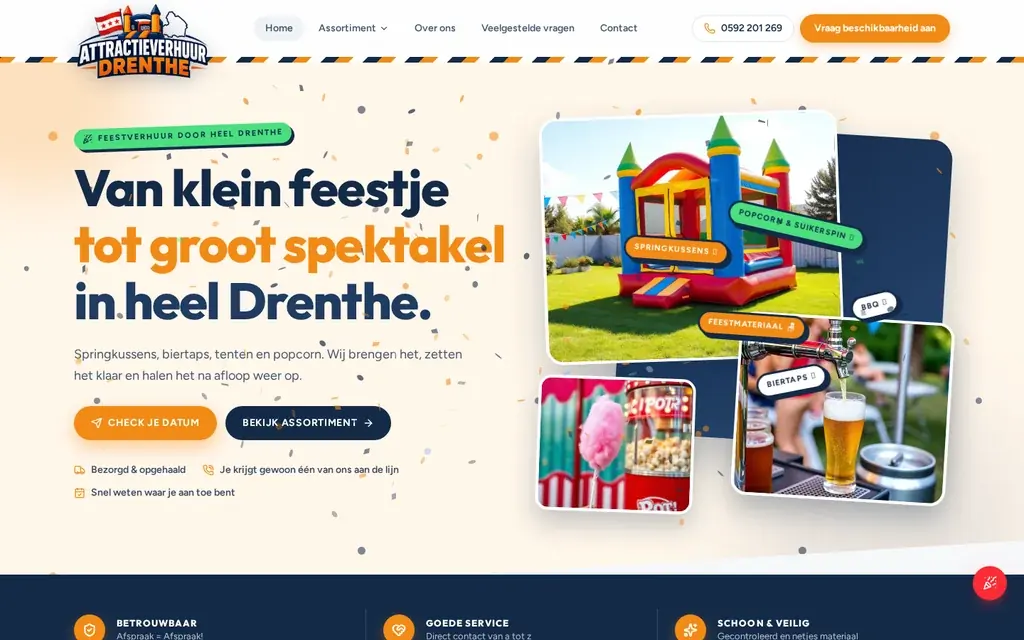 Website Attractieverhuur Drenthe: springkussens, biertaps en feestverhuur in Drenthe