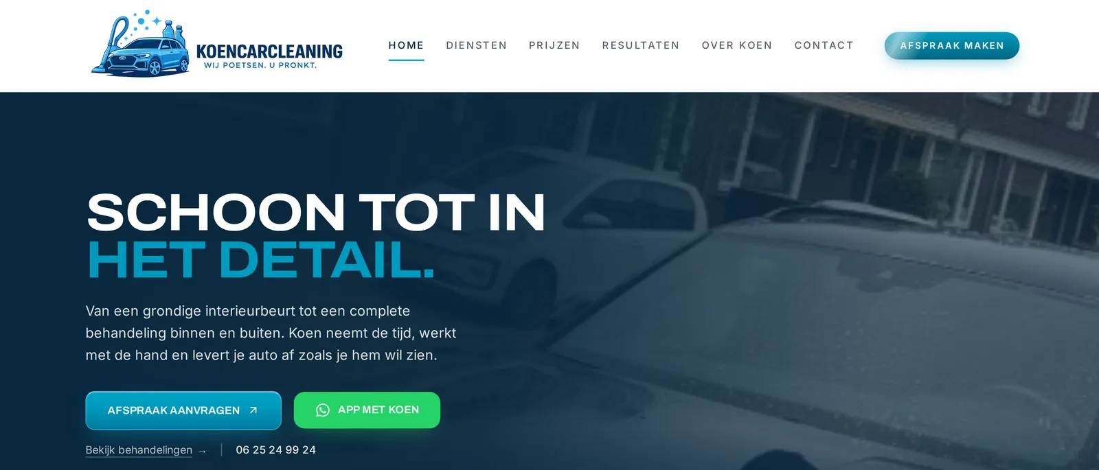 Website van Koen Car Cleaning uit Vlaardingen met de titel Schoon tot in het detail
