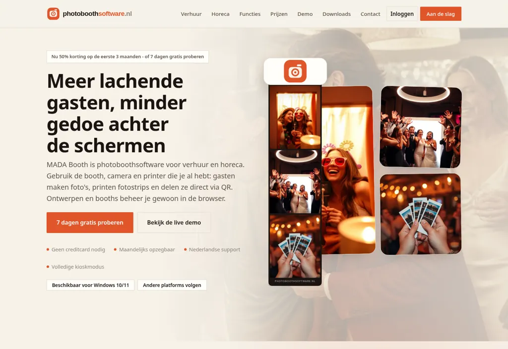 Homepage van PhotoboothSoftware.nl, productwebsite van MADA Booth door MADA Tech