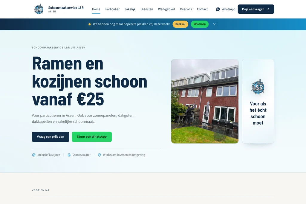 Vernieuwde website van Schoonmaakservice L&R uit Assen met glasbewassing vanaf €25 en aanvraagknoppen